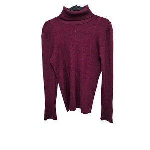 Tahari Burgundy Ribbed Turtleneck Sweater Women's Long Sleeve Gold Button Detail